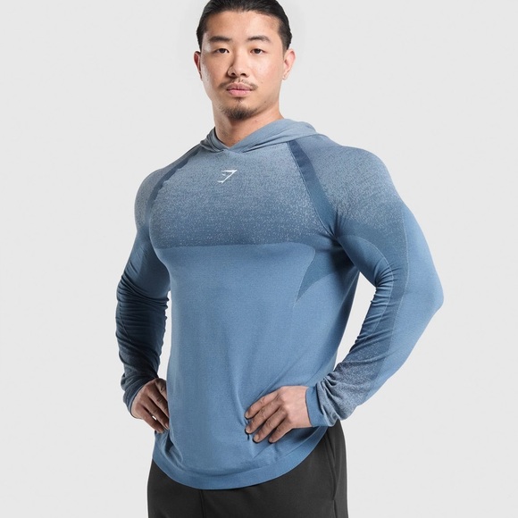 Mens Gymshark Shadow Jacquard Workout Lift Seamless Hoodie Faded Blue Size Large - Picture 1 of 7